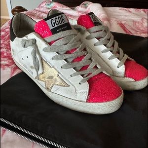 Golden Goose Superstar Sneakers: pink glitter w/ black heel tab & gold star